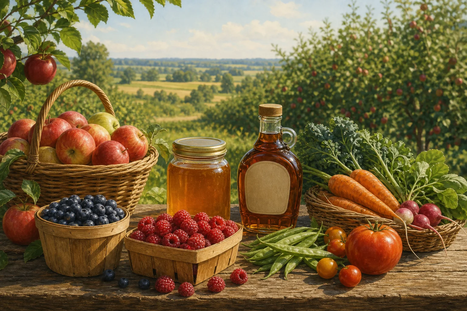 Illustration of a local farm stand with seasonal produce