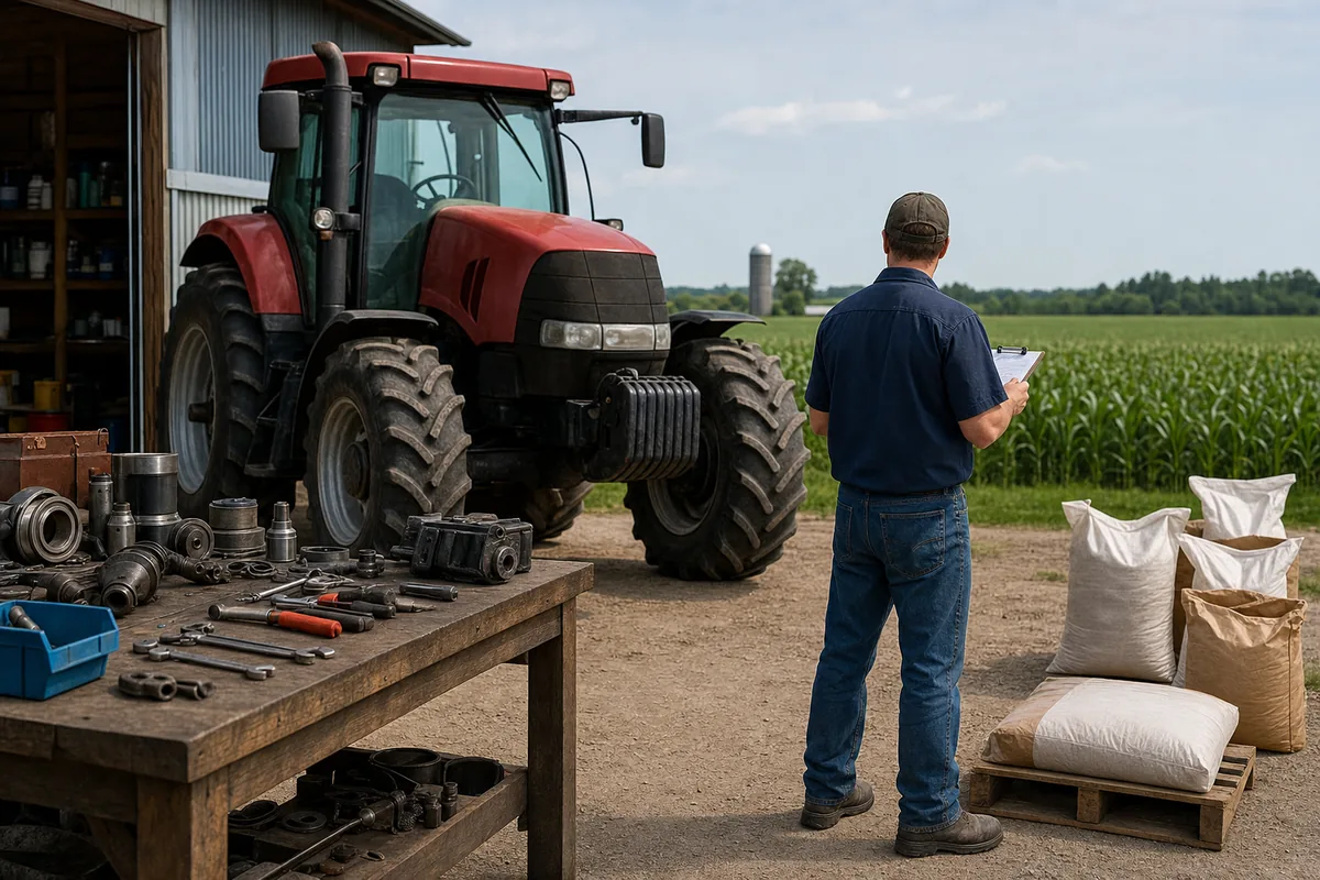Illustrative Eastern Ontario farm service scene with tractor, parts, tools and crop field