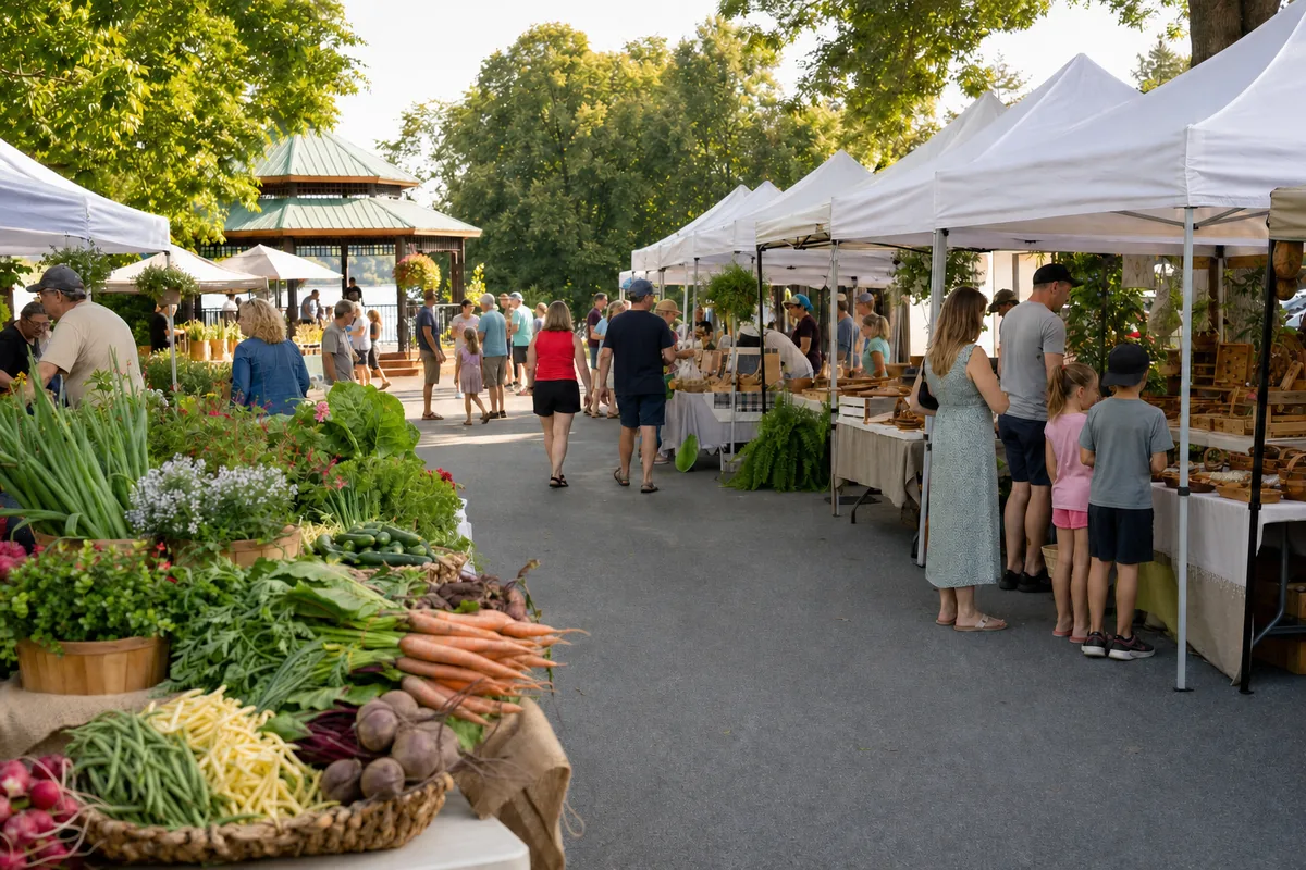 Illustrative Eastern Ontario community market with produce stalls and visitors