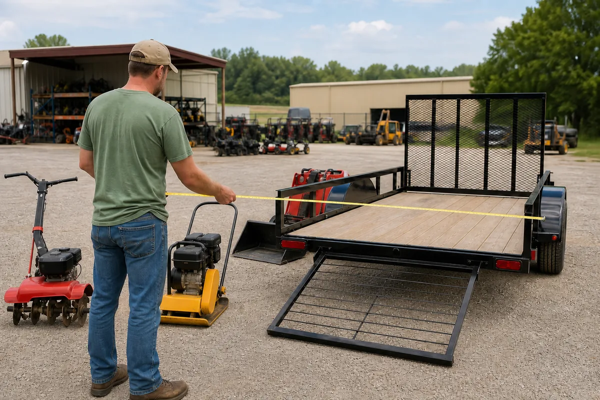 Illustrative homeowner measuring a utility trailer beside unbranded small-project equipment