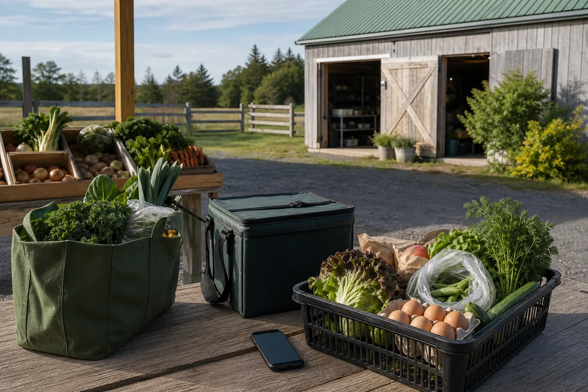 Illustrative farm pickup scene with produce, a reusable tote, cooler and online-order phone