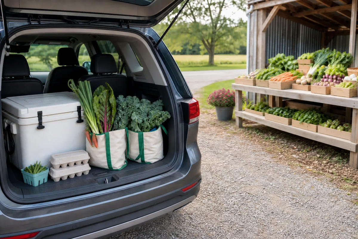 Illustrative car prepared with a cooler and reusable bags beside a rural produce stand