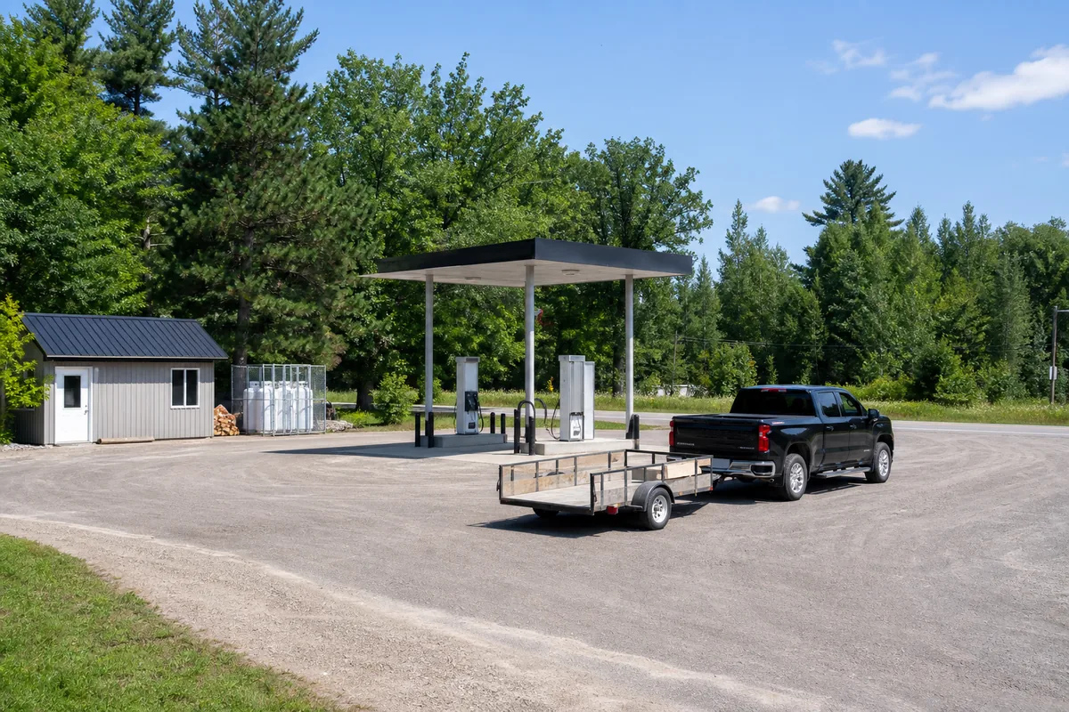 Illustrative unbranded rural fuel stop with a pickup, utility trailer and propane cylinders