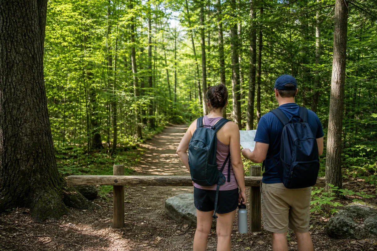 Illustrative hikers reviewing a map at an Eastern Ontario forest trail entrance