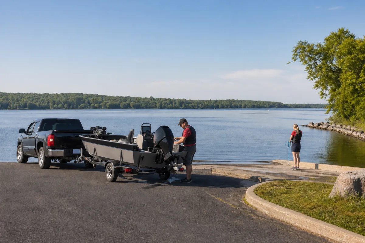 Illustrative boat-launch staging area with an unbranded boat, trailer and two people wearing life jackets
