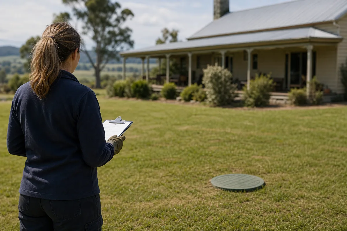 Illustrative rural property professional reviewing a closed septic access from a safe distance