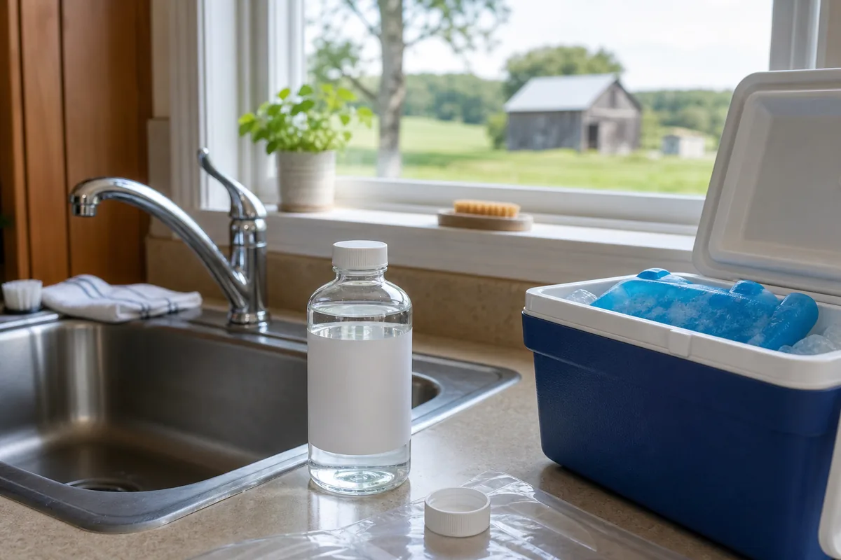 Illustrative blank water-sample bottle and cooler beside a clean rural kitchen sink