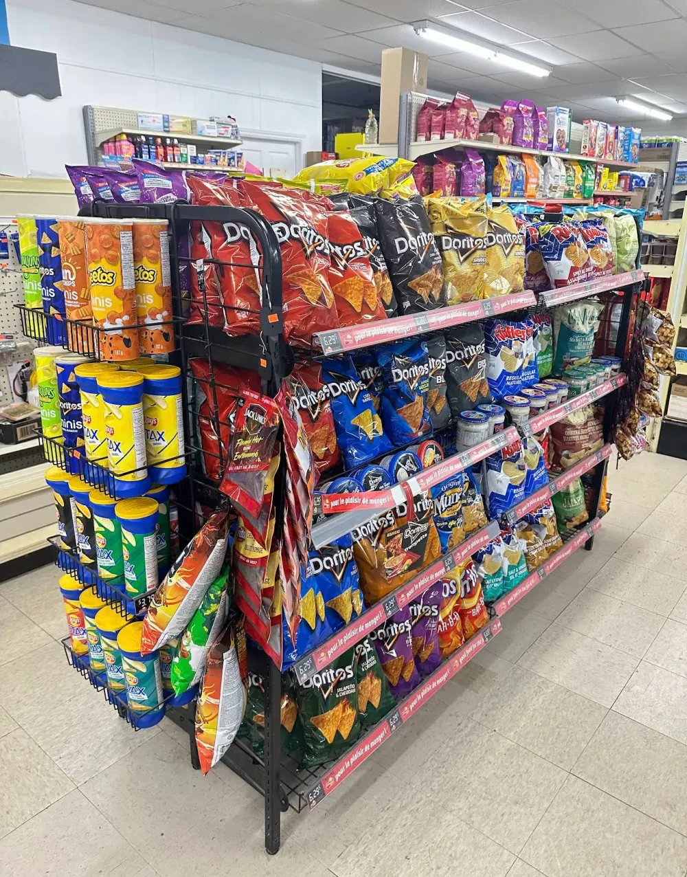Colourful display of chips and packaged snacks